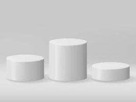 3D Grey Cylinder Podium Isolated. Stage for Product Presentation with Shadow. Empty Stage Round Podium. Minimal White Scene. Pedestal 3D Platform. Realistic Vector Illustration