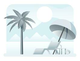 Landscape of chaise lounge or sunlounger, palm tree on beach. Umbrella and table with glass. Sun with reflection in water, clouds. Day in tropical place. Minimalist design in grey tones. Flat vector