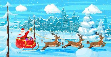 Santa claus rides reindeer sleigh. Christmas winter cityscape, snowflakes and trees. Happy new year decoration. Merry christmas holiday. New year and xmas celebration. Vector illustration flat style