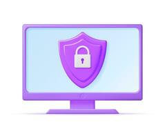 3D Desktop Computer with Shield Lock on the Screen. Render Monitor with Padlock. Concept of Computer Security, Data Protection and Confidentiality. Safety, Encryption and Privacy. Vector Illustration