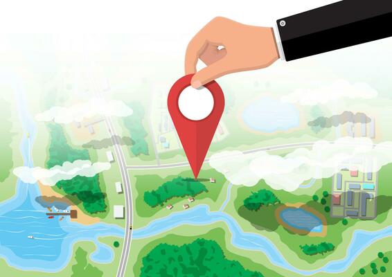 Location pin in hand. Suburban map with houses with car, boats, trees, road, river, forest, lake and clouds. Village aerial view. Map and cartography. Vector illustration in flat style