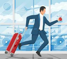 hombre con viaje bolsa. turista con maleta, maletín, corriendo a aeropuerto. empresario con equipaje. negocio hombre con equipaje. negocio vuelo. aeródromo con avión. plano vector ilustración