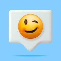 3D Yellow Happy Emoticon with Winking Face on Speech Bubble Isolated. Render Slightly Winking Emoji. Happy Face Simple. Communication, Web, Social Network Media, App Button. Vector Illustration