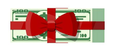 Bundle of dollars with tied red ribbon and bow. Packed money icon. Growth, income, savings, investment. Symbol of wealth. Business success, bonus or prize. Flat style vector illustration