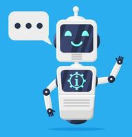 Happy Smiling Robot with Bubble Speech Isolated. Chat Bot with Talking Dialog. Chatbot Robot Greets. Artificial Intelligence, AI Helper. Service and Support Assistant. Cartoon Flat Vector Illustration