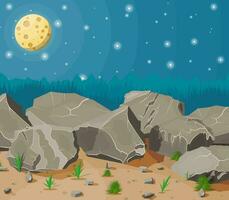 Pile of rock stone with grass on sand. Stones and rocks in variuos sizes. Set of different boulders. Night sky with stars and full moon. Vector illustration in flat style