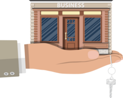 Hand holding shop or commercial property with key. png