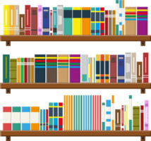 Library book shelf. Bookcase with different books. png