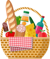 WIcker picnic basket full of products png
