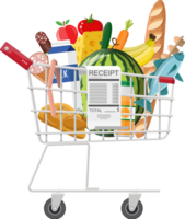 Metal shopping cart full of groceries products png