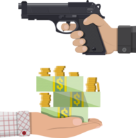 mão do ladrao segurando pistola e mão com dinheiro png