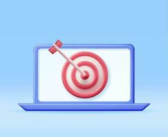 3D Target with Arrow in Center on Computer Screen. Render Dartboard with Arrow and Laptop. Goal Setting. Smart Goal. Business or Finance Target Concept. Achievement and Success. Vector Illustration