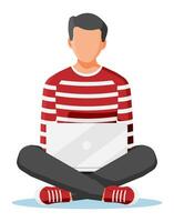 Young man sitting cross-legged and working on laptop. Boy in lotus pose with notebook. Creative job or studying concept. Freelance or remote work, online education. Cartoon flat vector illustration