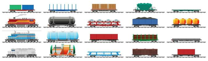 Set of train cargo wagons, cisterns, tanks and cars. Railroad freight collection. Flatcar, boxcar, car carriage. Industrial carriages, side view. Cargo rail transportation. Flat vector illustration