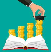 Graduation cap, open book and gold coin. Education savings and investment concept. Academic and school knowledge. Vector illustration in flat style