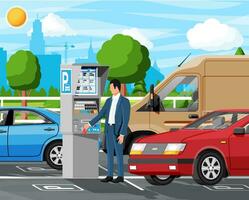 hombre pagar para coche parque con estacionamiento metro paisaje urbano boleto máquina icono. masculino coche conductor y sedán vehículo. yo Servicio estacionamiento pagar. electrónico pago Terminal. dibujos animados plano vector ilustración