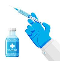 Ampoule and syringe with medicament. Coronavirus covid 19 vaccination concept. Injection syringe needles. Medical equipment. Healthcare, hospital and medical diagnostics. Flat vector illustration