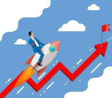 Successful business man flying on rocket on graph going up to flag. Businessman on flying space ship. New business or startup. Idea, growing, success, start up strategy. Flat vector illustration