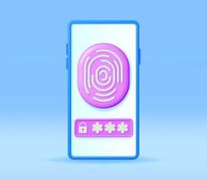 3D Fingerprint on Mobile Phone Isolated. Render Finger Print and Smartphone. Identification and Authorization System. Fingerprint for ID, Passport, Application, Biometric Scan. Vector Illustration