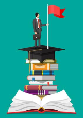 Businessman with flag on stack of books. Business man with briefcase. Education and study. Business success, triumph, goal or achievement. Winning of competition. Vector illustration flat style