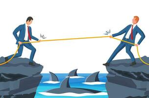 Two Businessman Pull of Rope near Gap with Sharks. Man Tug of War and Look at Each Other. Business Target, Rivalry, Competition, Conflict. Achievement, Goal Success. Flat Vector Illustration