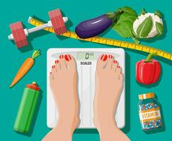 Weight loss concept. Healthy food and sport icons. Nutrition and fitness activity and lifestyle. Woman feet on bathroom scales. Vegetables, vitamin, dumbbell, measuring tape. Flat style vector