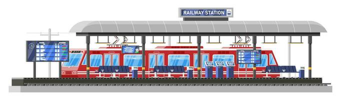 Modern Railway Station with High Speed Train and Platform with Schedule. Super Streamlined Train. Passenger Express Railway Locomotive. Railroad Public Transportation Subway. Flat Vector Illustration