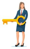 Businesswoman in suit holding big golden key. Solution, winning, future, business success concept. Key to open door of big opportunities. Achievement and goal. Vector illustration in flat style