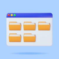 3D Desktop Interface Window with File Folder Isolated. Render Yellow Folder for Correspondence, File for Paper Documents. Open Folder Icon, Manila Archive Case or Ring Binder. Vector Illustration