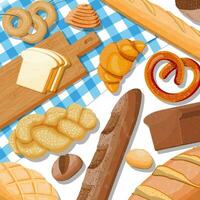 Bread icons set on table. Whole grain, wheat and rye bread, toast, pretzel, ciabatta, croissant, bagel, french baguette, cinnamon bun. Vector illustration in flat style