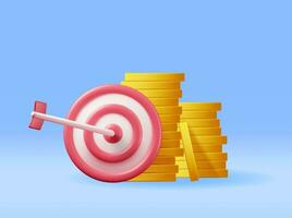 3D Stacks of Coins and Target with Arrow Isolated. Render Dartboard with Arrow and Golden Money. Business or Finance Target Concept. Targeting Audience. Achievement and Success. Vector Illustration