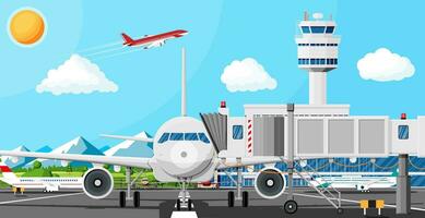 Plane Before Takeoff. Airport Control Tower, Jetway, Terminal Building And Parking Area. International Airport Concept. Cityscape, Airplane In Sky With Clouds And Sun. Flat Vector Illustration