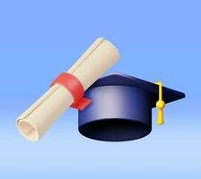 3d certificado con sello y graduación gorra. hacer blanco diploma con Insignia y educación sombrero. diploma o acreditación. objetivo y logro. negocio graduación concepto. vector ilustración