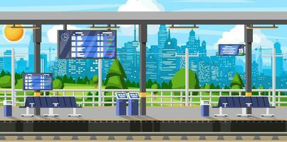 Modern Railway Station for High Speed Train. Platform with Schedule. Super Streamlined Train. Passenger Express Railway Locomotive. Railroad Public Transportation Subway. Flat Vector Illustration