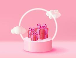 3d rosado podio con regalo caja y mullido nube. hacer etapa Bosquejo. plataforma con dibujos animados nubes enamorado día, cumpleaños tarjeta, producto monitor presentación anuncio publicitario. vector ilustración