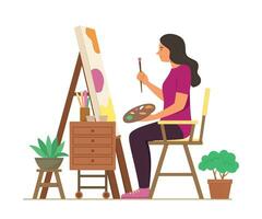 Painter Woman Painting Colors on Canvas vector