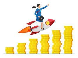 Successful business woman flying on rocket on coin graph going up. Businesswoman on flying space ship. New business or startup. Idea, growing, success, start up strategy. Flat vector illustration