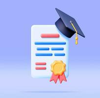 3d certificado con sello y graduación gorra. hacer blanco diploma con Insignia y educación sombrero. diploma o acreditación. objetivo y logro. negocio graduación concepto. vector ilustración