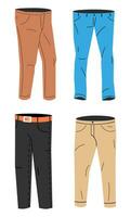 masculino pantalones modelos recopilación. conjunto de hombre mezclilla bermudas, pantalones o pantalones. casual de moda ropa para hombres. flaco, acampanado y clásico vaqueros. dibujos animados plano vector ilustración