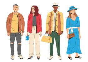 grupo de Moda personas caracteres. joven hombre y mujer en de moda atuendo en pie juntos. chicos y muchachas con diferente peinados y etnias en elegante casual ropa. plano vector ilustración