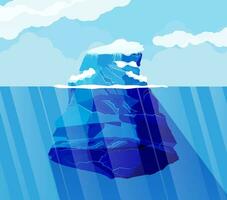 Big iceberg and ocean. Ice in sea. Blue sky with clouds. North nature background. Vector illustration in flat style