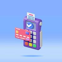 3D Payment Terminal with Card and Receipt Isolated. Render Modern POS Bank Payment Device. Payment NFC Keypad Machine. Credit Debit Card Reader. Contactless Payment Transaction Vector illustration