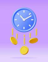 3D Clock with Dollar Golden Coins Isolated. Render Time is Money Concept Annual Revenue, Financial Investment, Savings, Bank Deposit, Future Income, Money Benefit. Vector Illustration