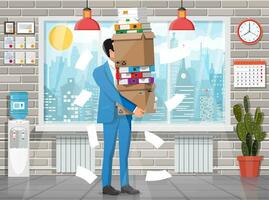Stressed businessman under pile of office papers and documents. Office building interior. Office documents heap. Routine, bureaucracy, big data, paperwork, office. Vector illustration in flat style