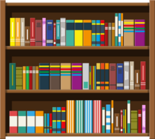 Library book shelf. Bookcase with different books. png