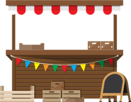 Market food stall with flags, crates, chalk board png