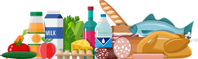 Grocery with meat, fish, salad, bread, milk png