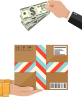 Hands with postal cardboard box and money png