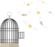 Open cage with flying dollar bills and coins png