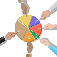 Hands with fork picking pie chart parts png